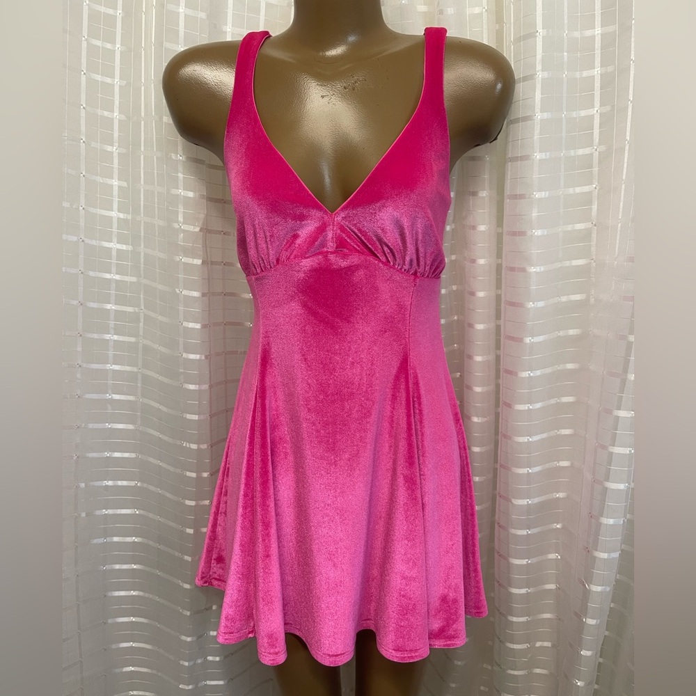 Hot pink velvet Lucy in the Sky tie back dress